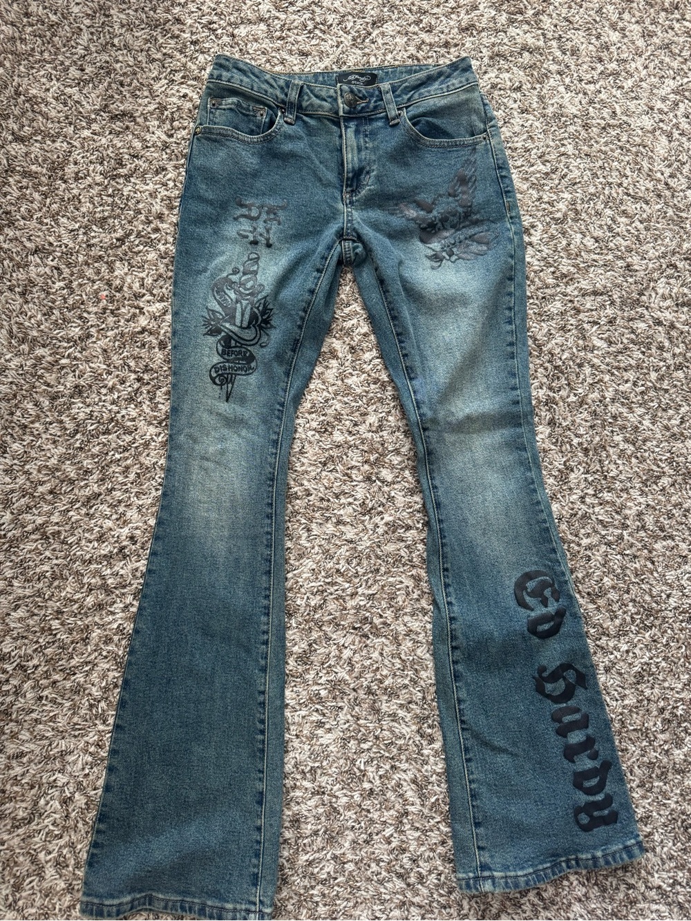 Y2k low rise Ed Hardy Dark Blue Embroidered Flare Jeans